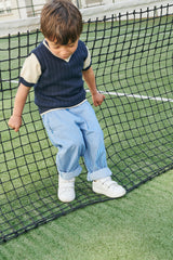 Knitted Vest With V Neck - Navi Cream