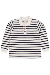 Striped Pique Polo LS- Navy Cream Stripe