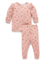 Purebaby Ruffle Rib PJ Set - Berry Leaves Print