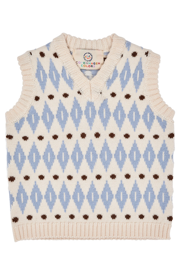 Harlequin Merino Classic Vest - Cream Blue Combi