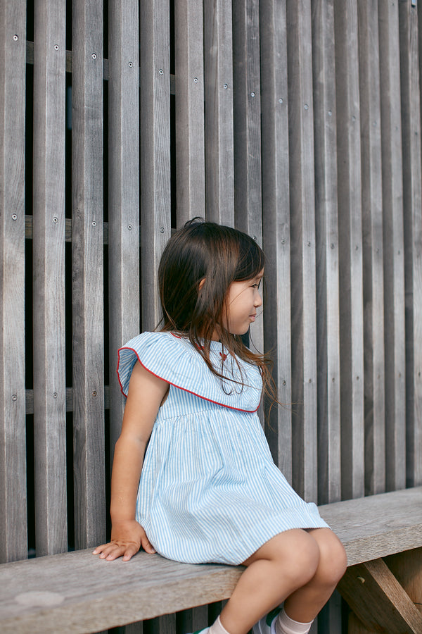 Seersucker Dress W. Heart - Sky Blue with Cream Stripe