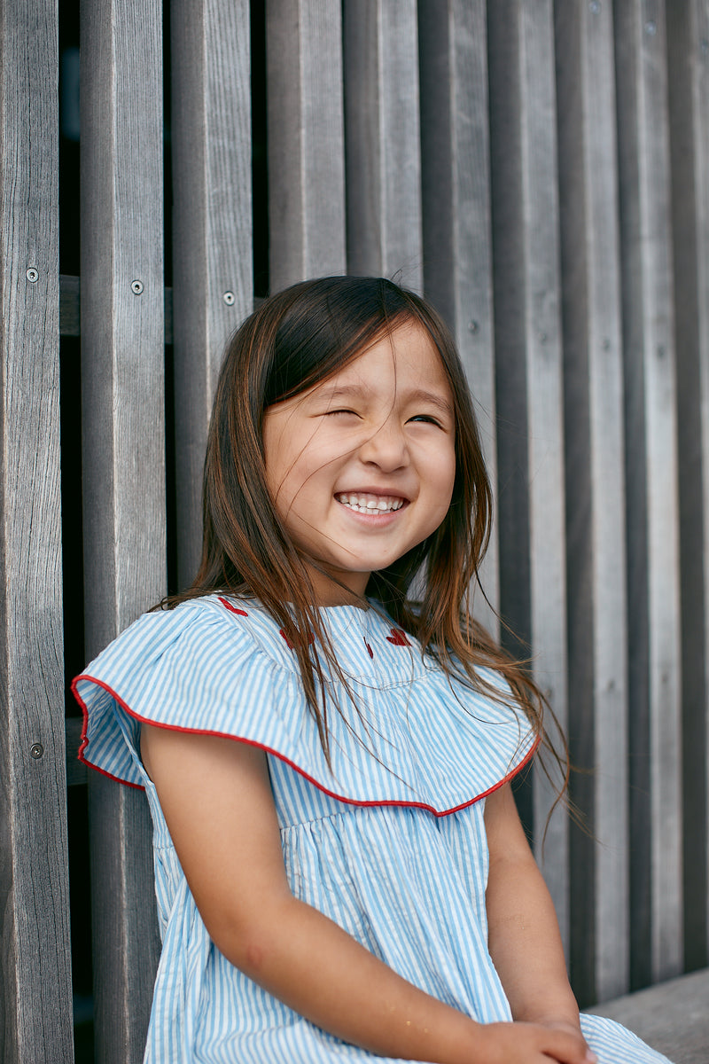 Seersucker Dress W. Heart - Sky Blue with Cream Stripe