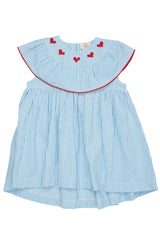 Seersucker Dress W. Heart - Sky Blue with Cream Stripe