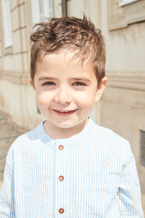 Seersucker Shirt with Placket - Sky Blue Cream Stripe