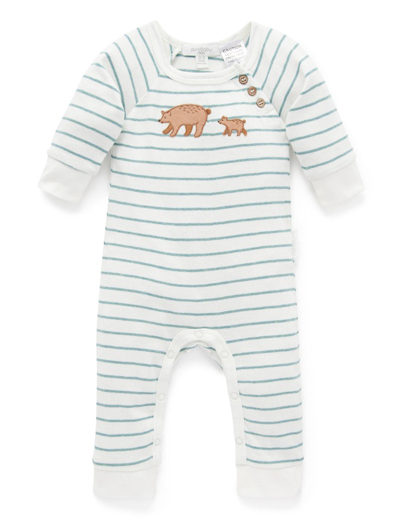 Purebaby Bear Family Growsuit - Sage Melange Stripe